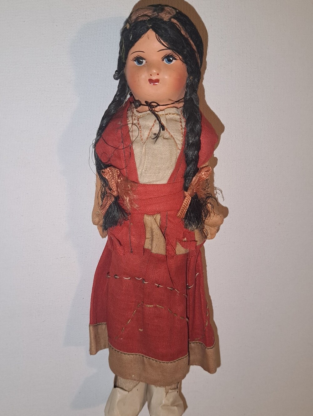Vintage Handcrafted Red and Tan Traditional Mexican Doll 1940s/50s